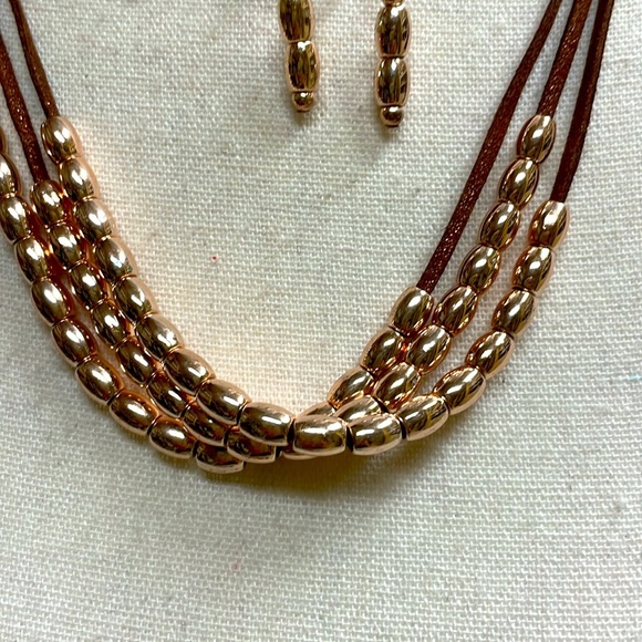 Boho Vintage 1946 Bronze Leather & Bead Multi Strand Necklace Earring Set - Picture 10 of 10